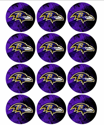 Set of 12 "Baltimore Ravens" pre cut edible image discs for desserts, choose your size