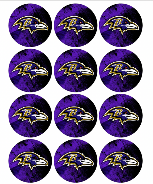 Set of 12 "Baltimore Ravens" pre cut edible image discs for desserts, choose your size