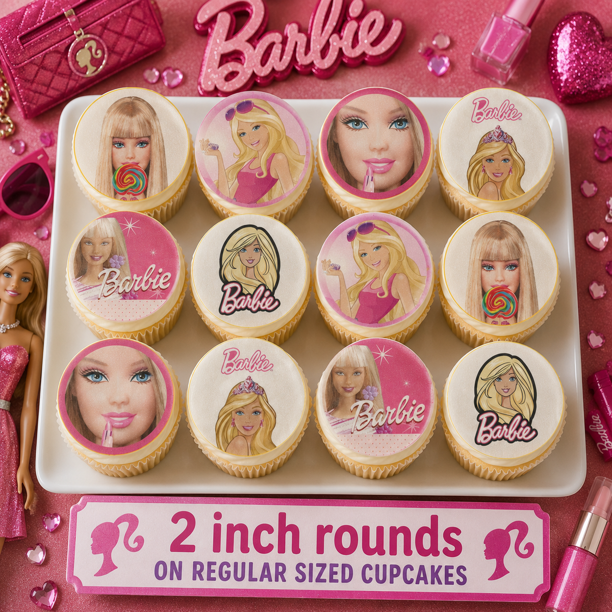Set of 12 Barbie edible images rounds for desserts, pre cut, many sizes available