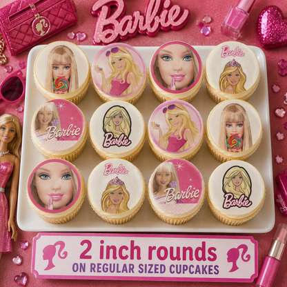 Set of 12 Barbie edible images rounds for desserts, pre cut, many sizes available