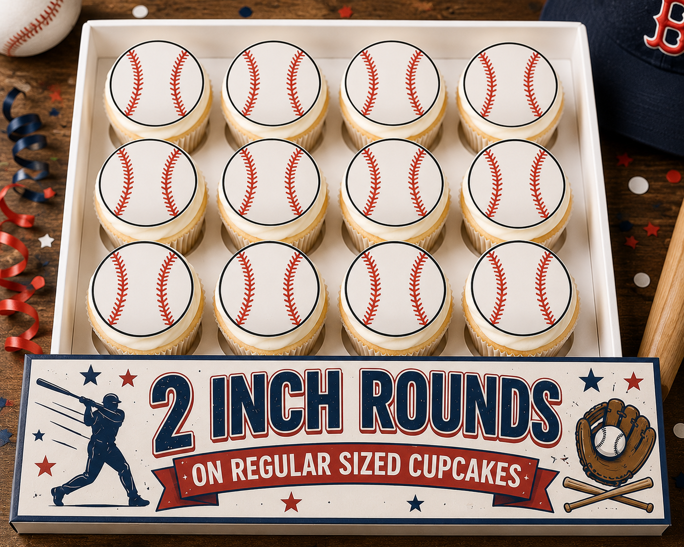 Set of 12 Baseball edible images rounds for desserts, pre cut, many sizes available