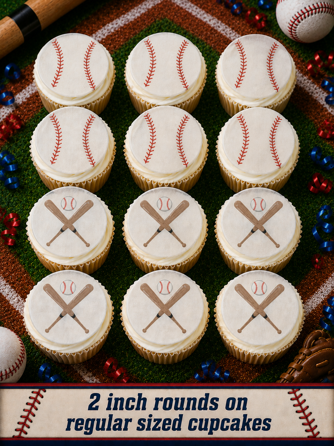 Set of 12 Baseball edible images rounds for desserts, pre cut, many sizes available