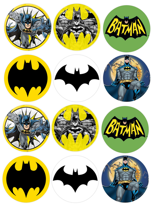 Set of 12 "Batman" pre cut edible image discs for desserts, choose your size