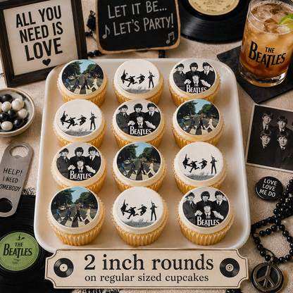 Set of 12 The Beatles, edible images rounds for desserts, pre cut, many sizes available