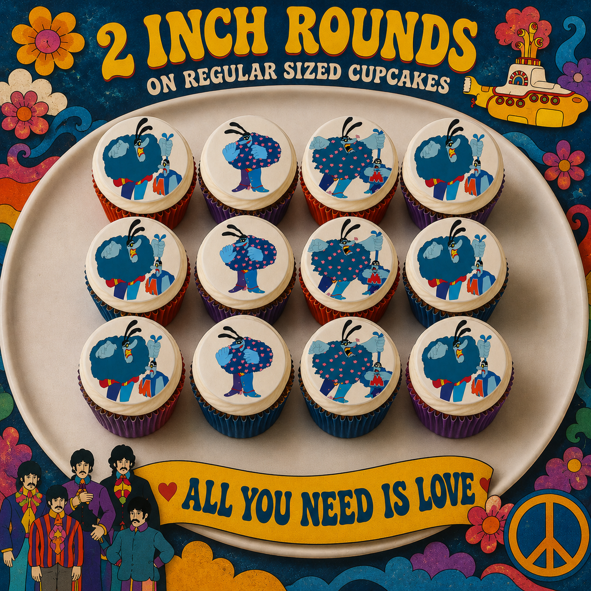 Set of 12 The Beatles, Meanies, edible images rounds for desserts, pre cut, many sizes available