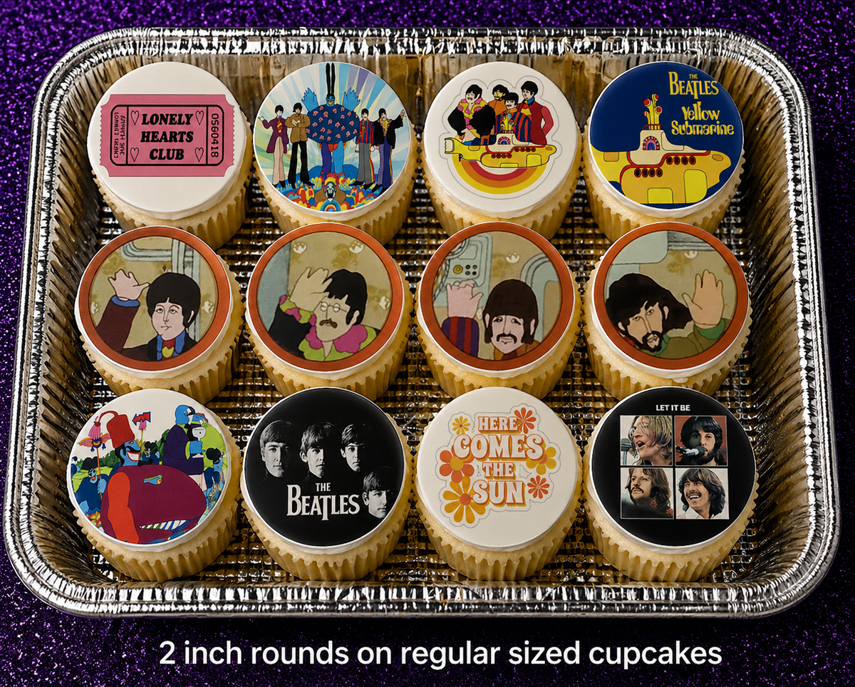 Set of 12 The Beatles, edible images rounds for desserts, pre cut, many sizes available