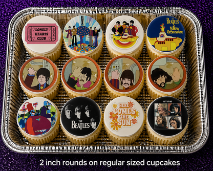 Set of 12 The Beatles, edible images rounds for desserts, pre cut, many sizes available