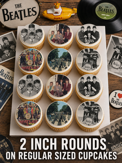 Set of 12 The Beatles, edible images rounds for desserts, pre cut, many sizes available