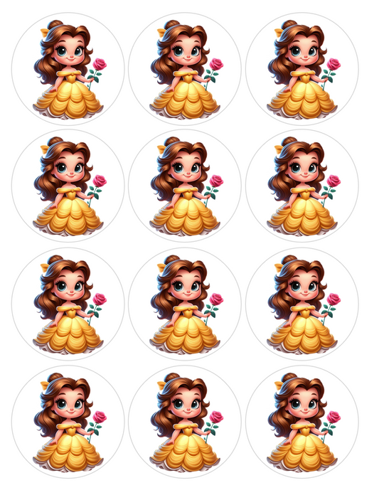 Set of 12 Princess Belle, pre cut edible image discs for desserts, choose your size