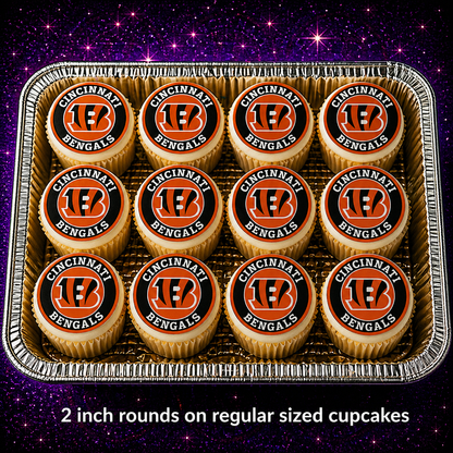 Set of 12 Cincinnati Bengals edible images rounds for desserts, pre cut, many sizes available