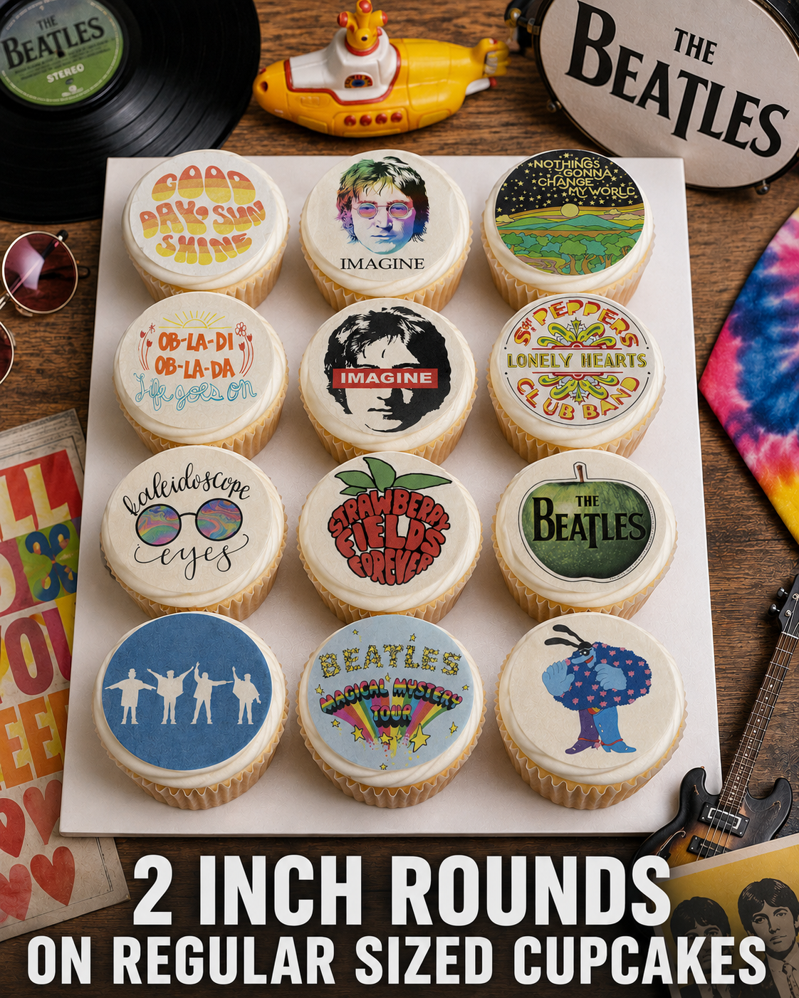 Set of 12 The Beatles edible images rounds for desserts, pre cut, many sizes available
