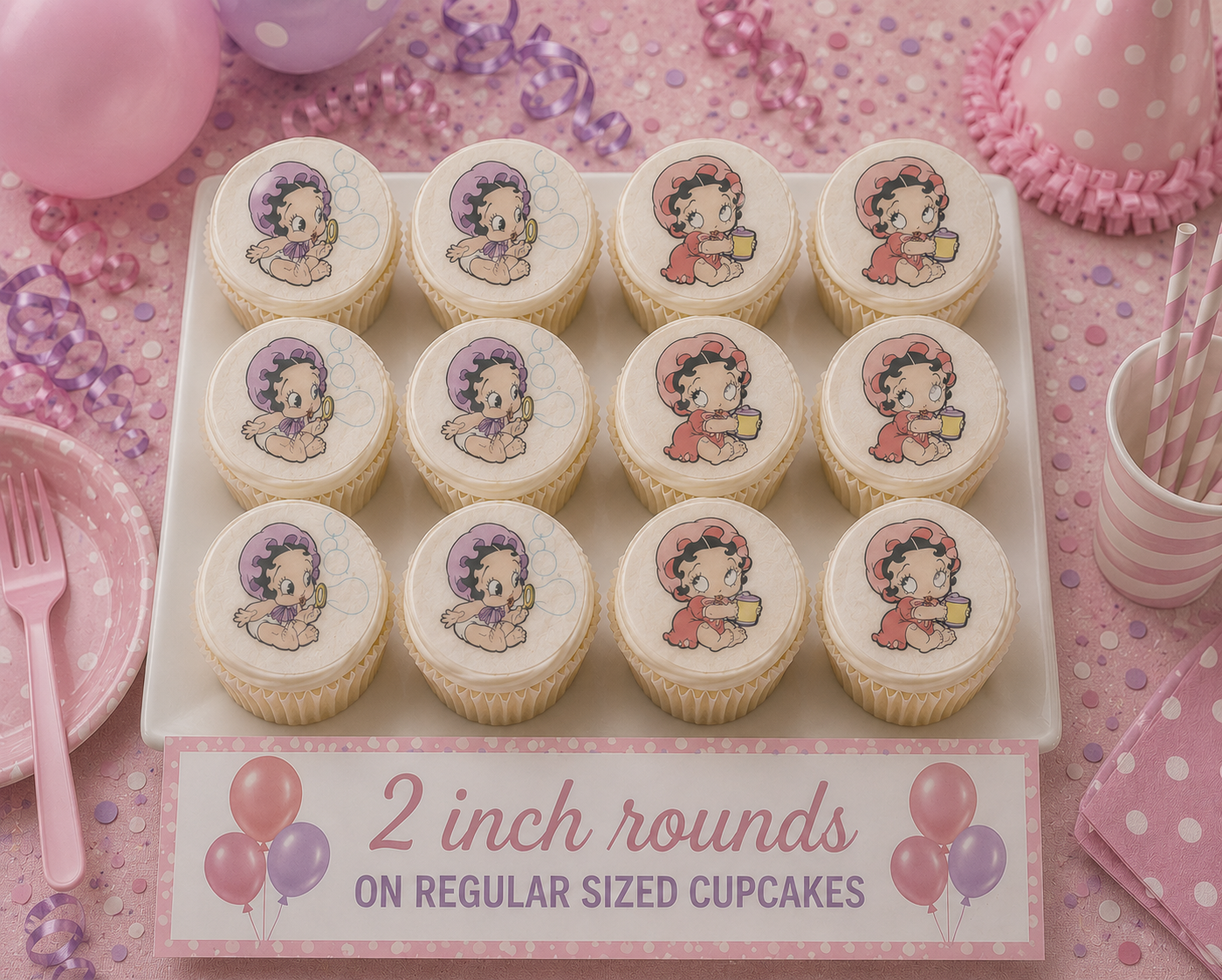 Set of 12 Baby Betty Boop edible images rounds for desserts, pre cut, many sizes available
