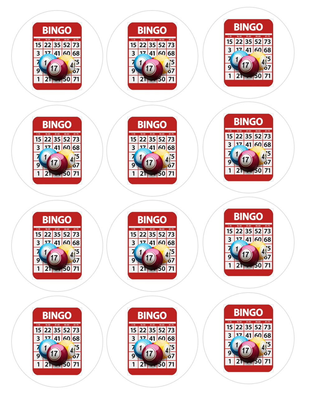 Set of 12 "Bingo Night" pre cut edible image discs for desserts, choose your size