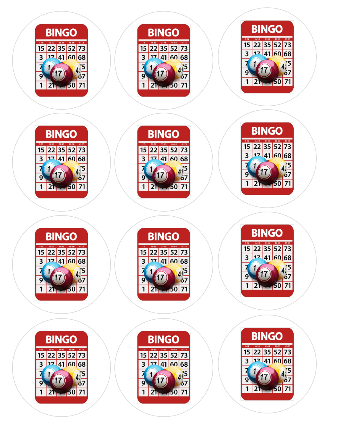 Set of 12 "Bingo Night" pre cut edible image discs for desserts, choose your size