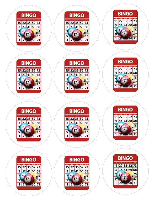 Set of 12 "Bingo Night" pre cut edible image discs for desserts, choose your size