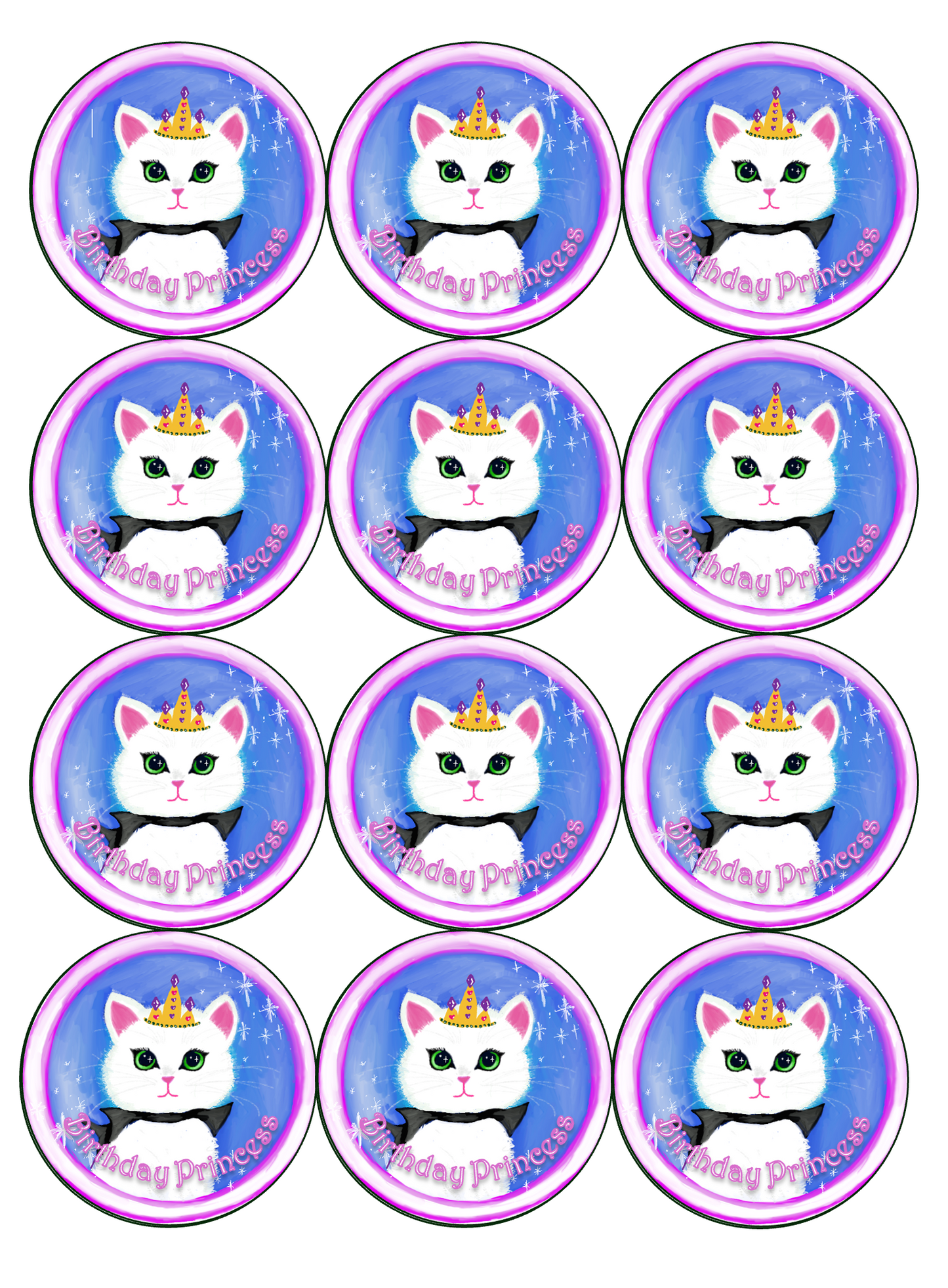 Set of 12 "Birthday Princess Kitten" pre cut edible image discs for desserts, drink toppers, choose your size