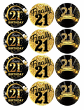 Set of 12 "Black and Gold 21st Birthday" pre cut edible image discs for desserts, choose your size