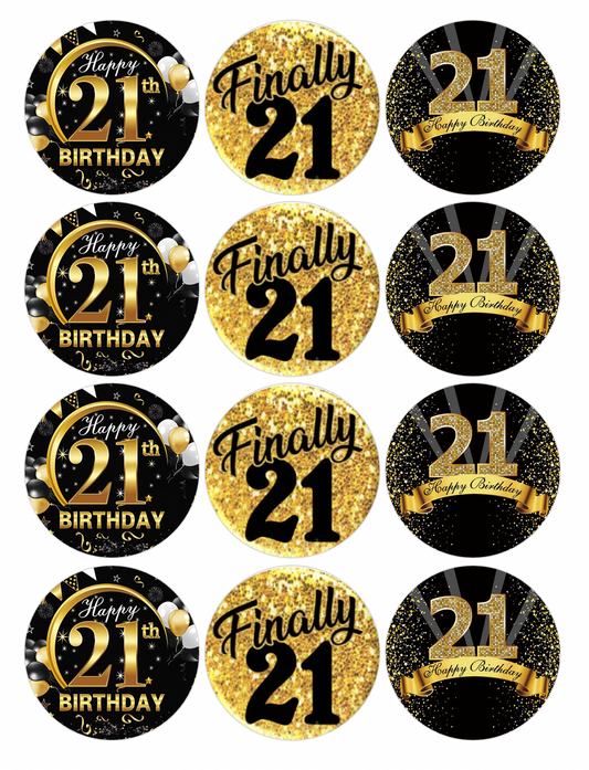 Set of 12 "Black and Gold 21st Birthday" pre cut edible image discs for desserts, choose your size