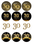 Set of 12 "Black and Gold 30th Birthday" pre cut edible image discs for desserts, choose your size