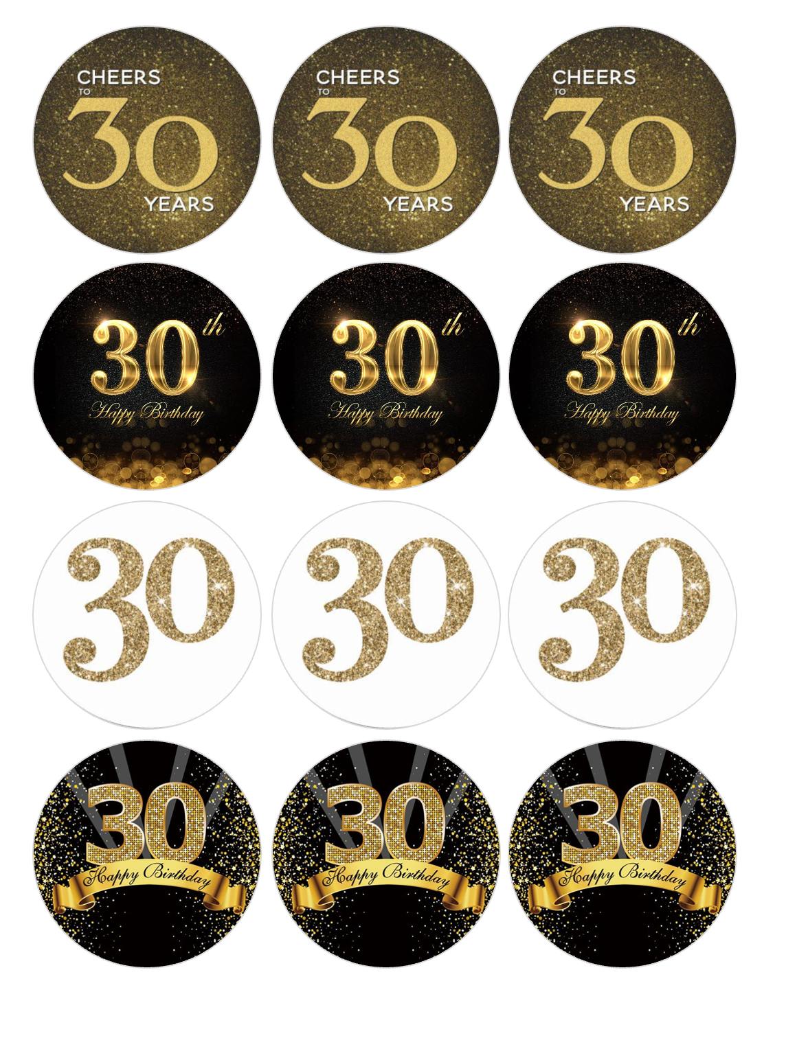 Set of 12 "Black and Gold 30th Birthday" pre cut edible image discs for desserts, choose your size