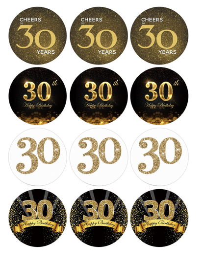 Set of 12 "Black and Gold 30th Birthday" pre cut edible image discs for desserts, choose your size
