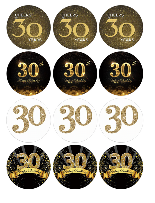 Set of 12 "Black and Gold 30th Birthday" pre cut edible image discs for desserts, choose your size