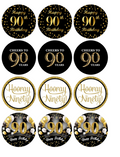 Set of 12 "Black and Gold 90th Birthday" pre cut edible image discs for desserts, choose your size