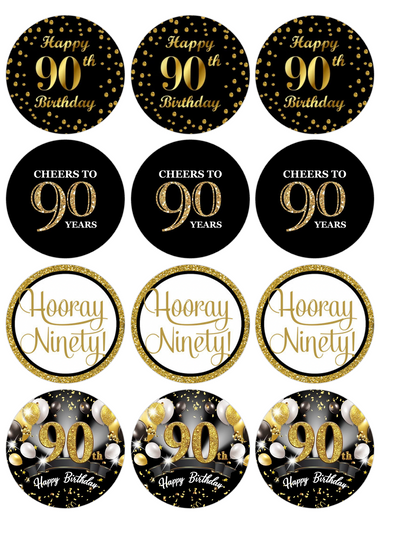 Set of 12 "Black and Gold 90th Birthday" pre cut edible image discs for desserts, choose your size