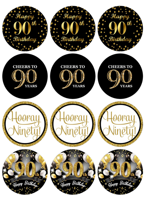 Set of 12 "Black and Gold 90th Birthday" pre cut edible image discs for desserts, choose your size