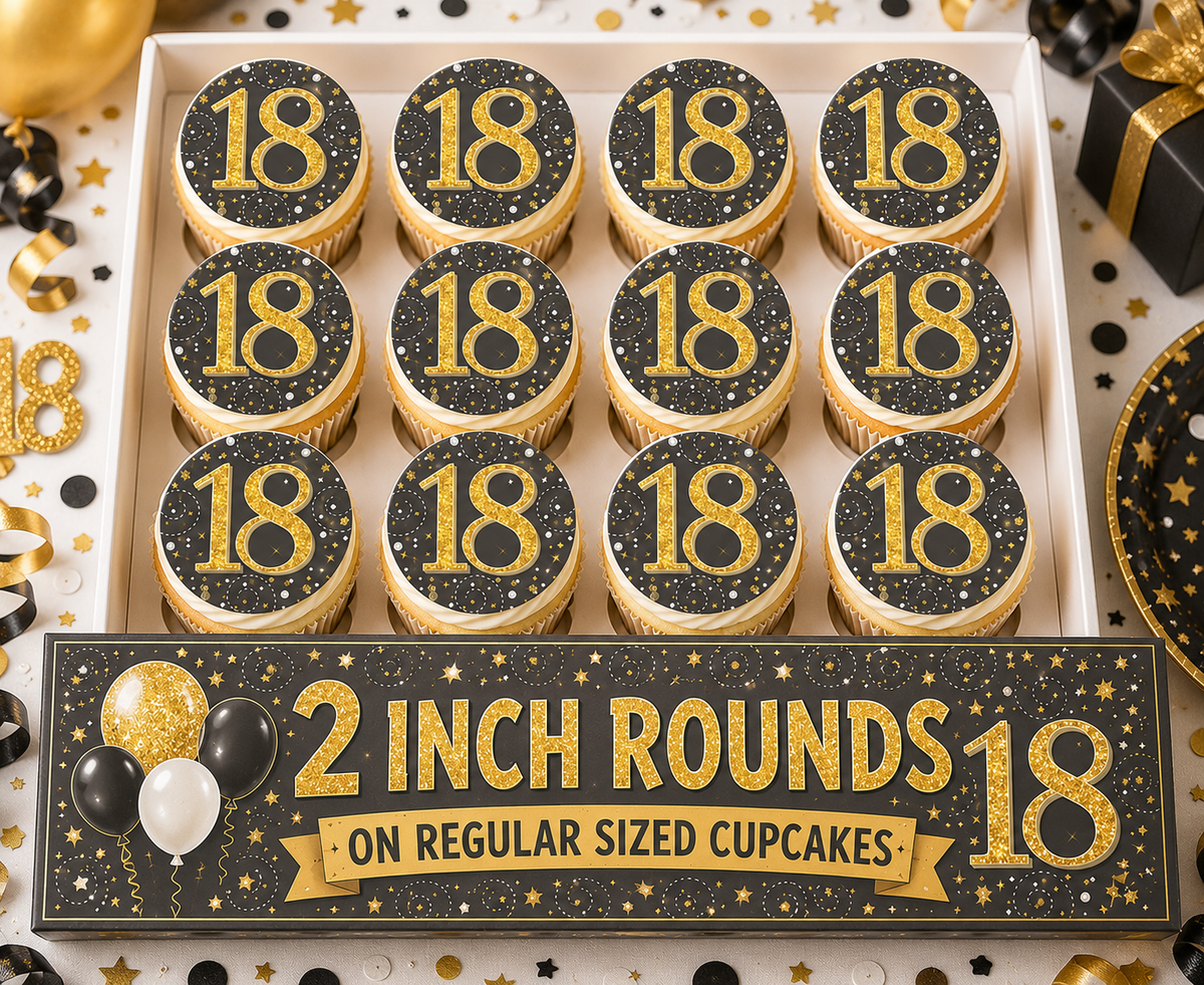 Set of 12 Black and Gold 18th Birthday edible images rounds for desserts, pre cut, many sizes available