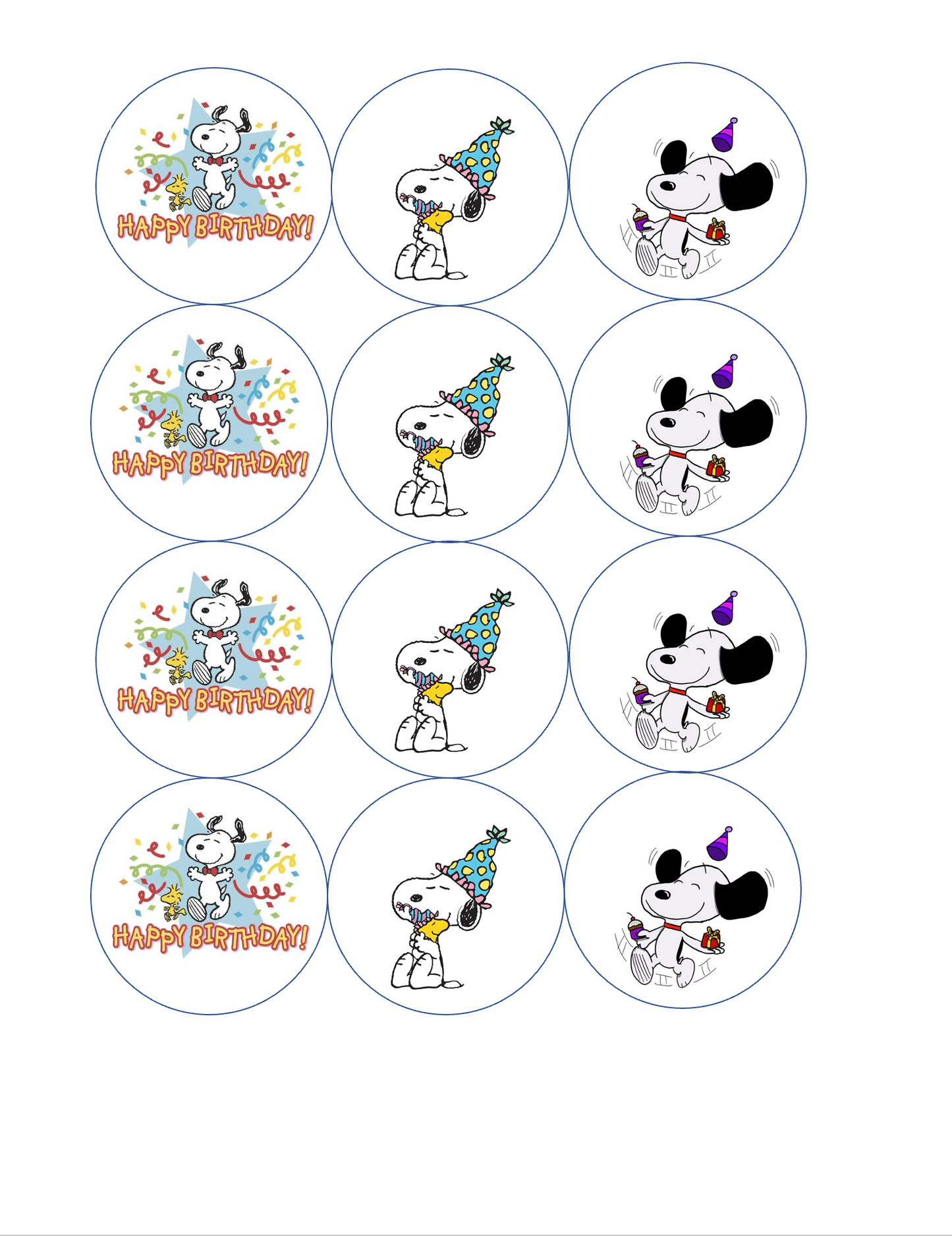 Set of 12 "Snoopy Happy Birthday" pre cut edible image discs for desserts, drink toppers, choose your size