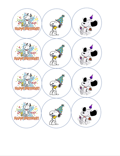 Set of 12 "Snoopy Happy Birthday" pre cut edible image discs for desserts, drink toppers, choose your size