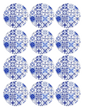 Set of 12 "Blue Majolica Tiles" pre cut edible image discs for desserts, choose your size