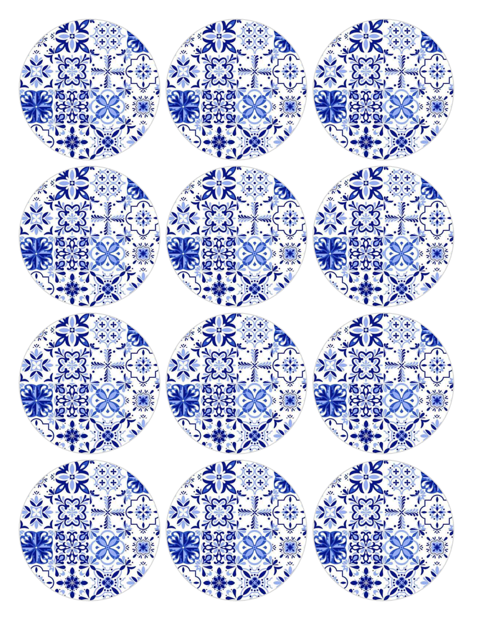 Set of 12 "Blue Majolica Tiles" pre cut edible image discs for desserts, choose your size