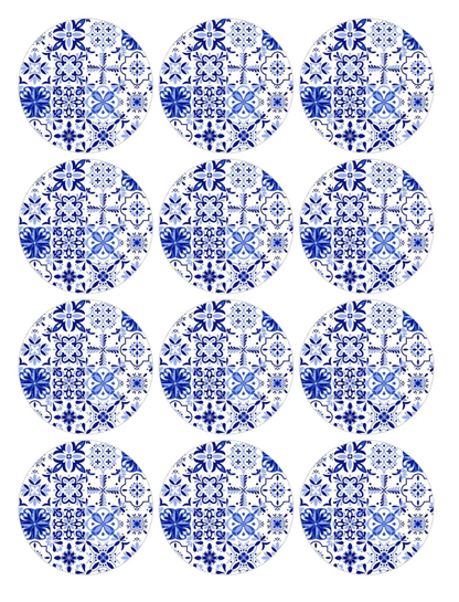 Set of 12 "Blue Majolica Tiles" pre cut edible image discs for desserts, choose your size