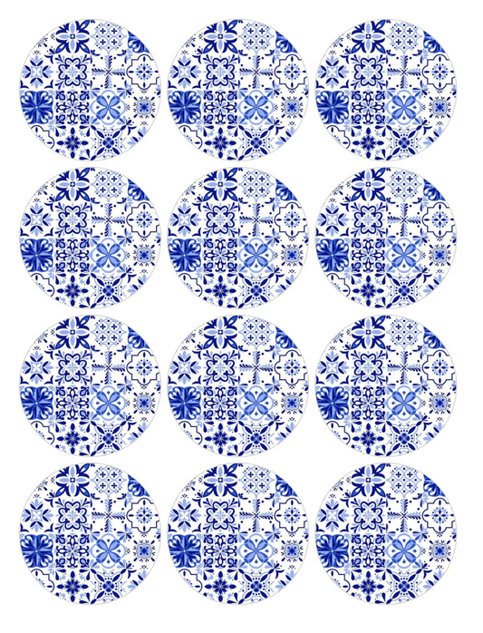 Set of 12 "Blue Majolica Tiles" pre cut edible image discs for desserts, choose your size