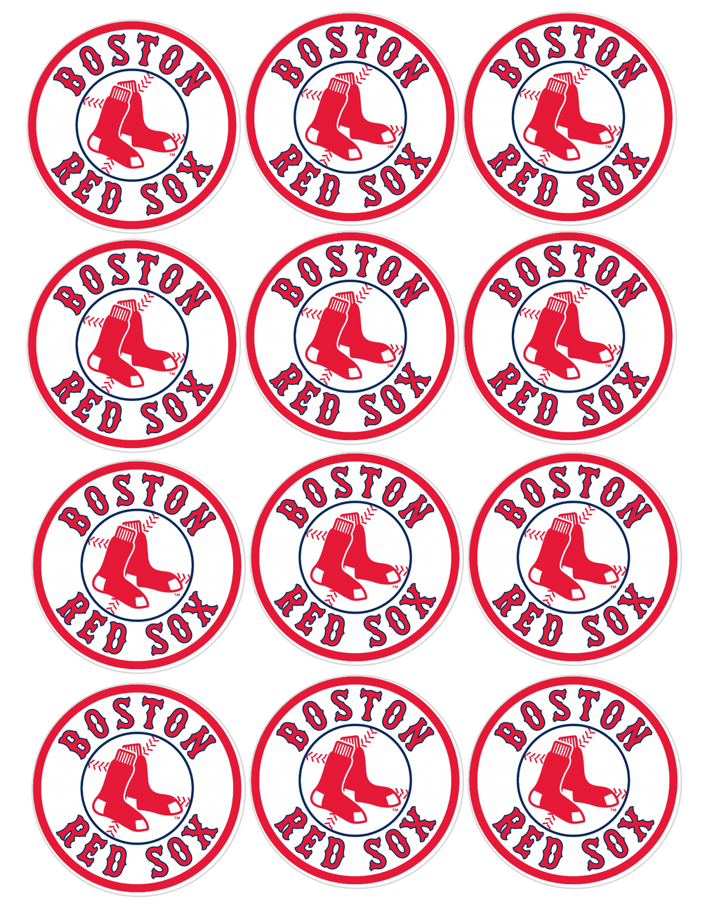 Set of 12 "Boston Red Sox" pre cut edible image discs for desserts, choose your size