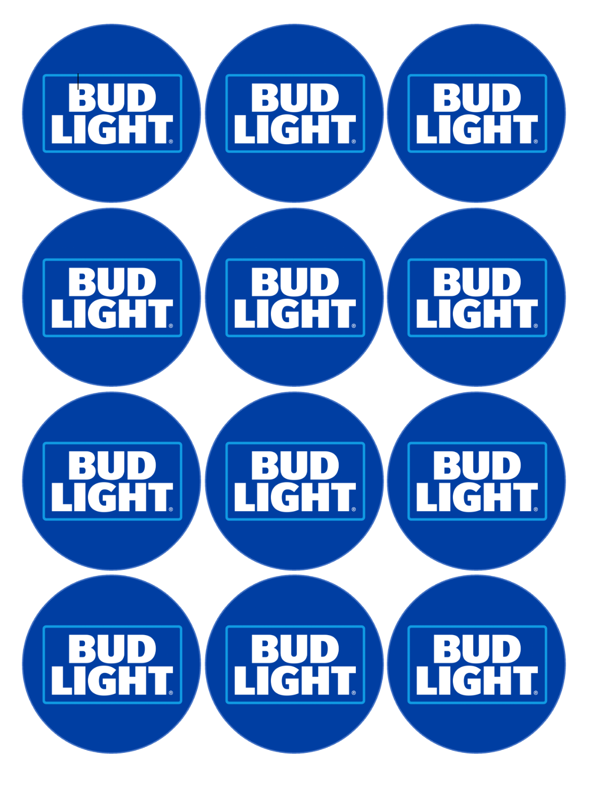 Set of 12 Bud Light Beer edible images rounds for desserts, pre cut, many sizes available