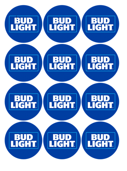 Set of 12 Bud Light Beer edible images rounds for desserts, pre cut, many sizes available