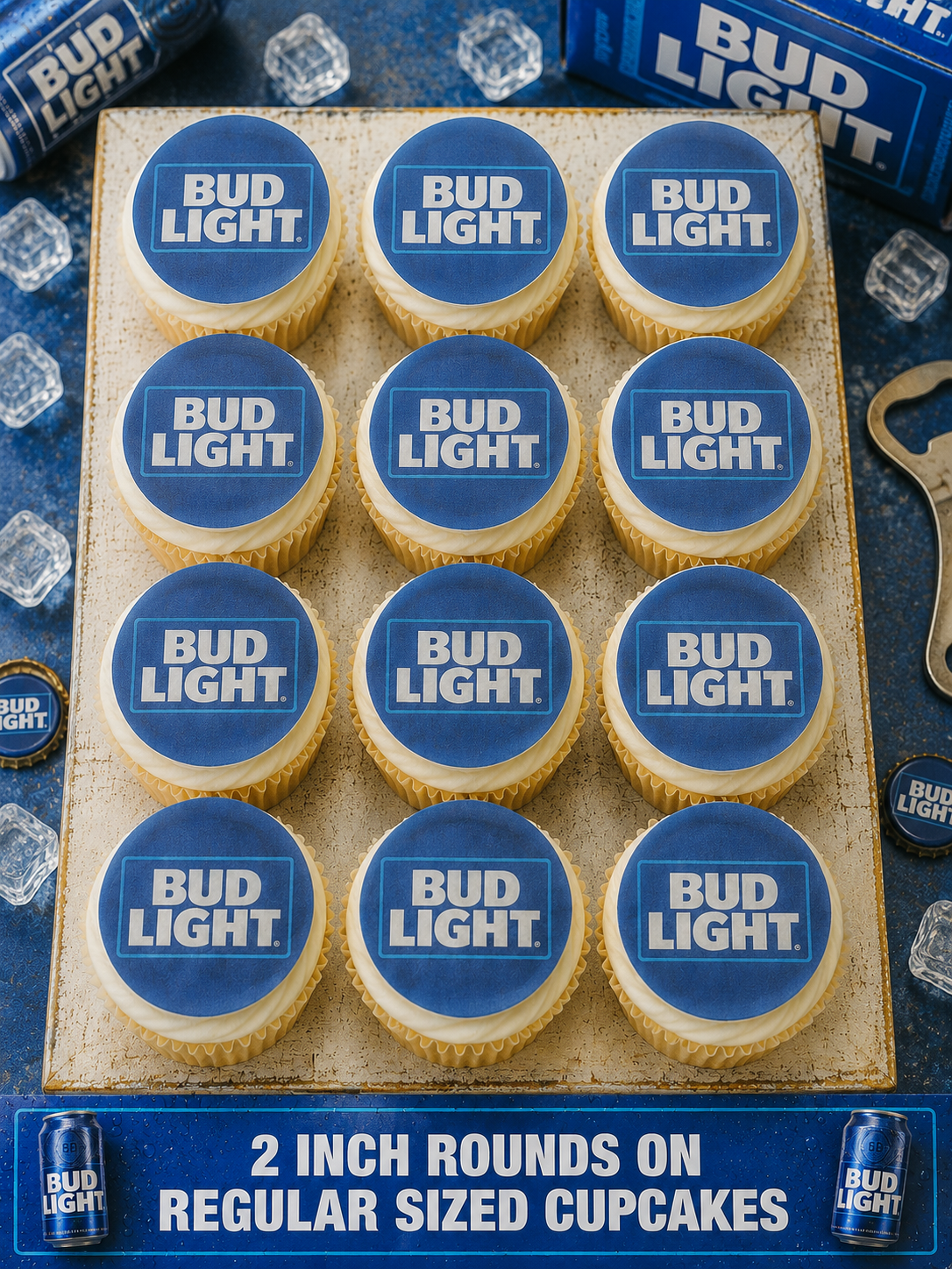 Set of 12 Bud Light Beer edible images rounds for desserts, pre cut, many sizes available