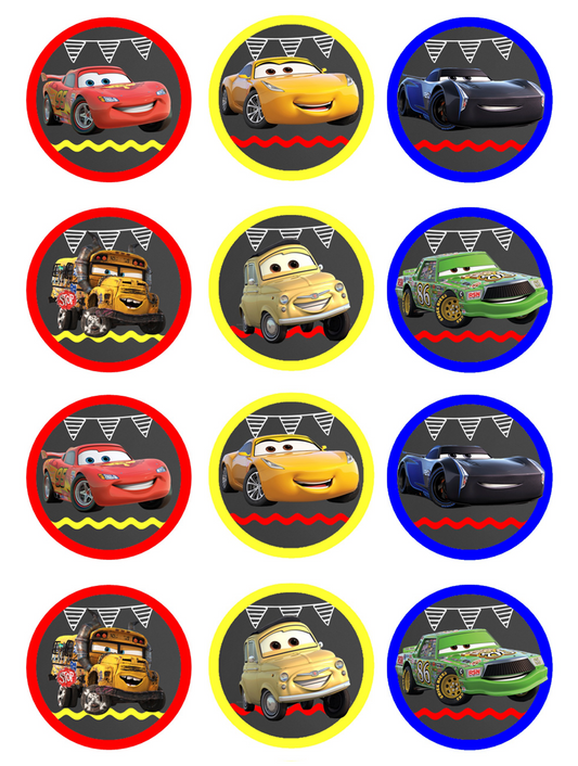 Set of 12 "Cars Movie" pre cut edible image discs for desserts, drink toppers, choose your size