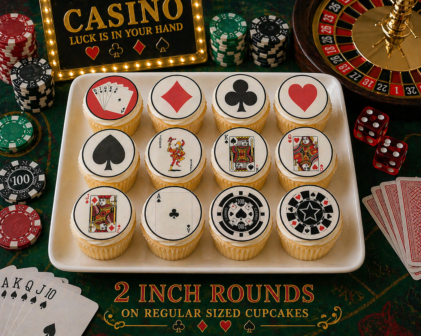 Set of 12 Casino, Poker Night edible images rounds for desserts, pre cut, many sizes available