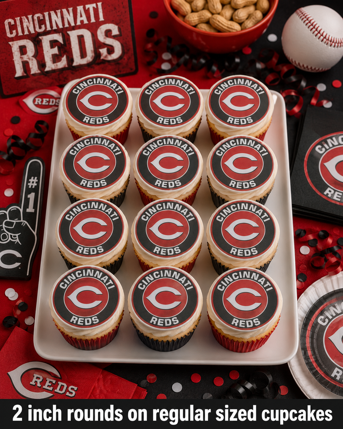 Set of 12 Cincinnati Reds edible images rounds for desserts, pre cut, many sizes available