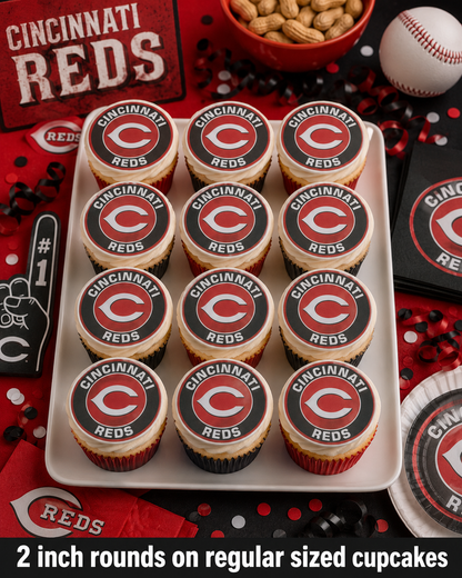Set of 12 Cincinnati Reds edible images rounds for desserts, pre cut, many sizes available
