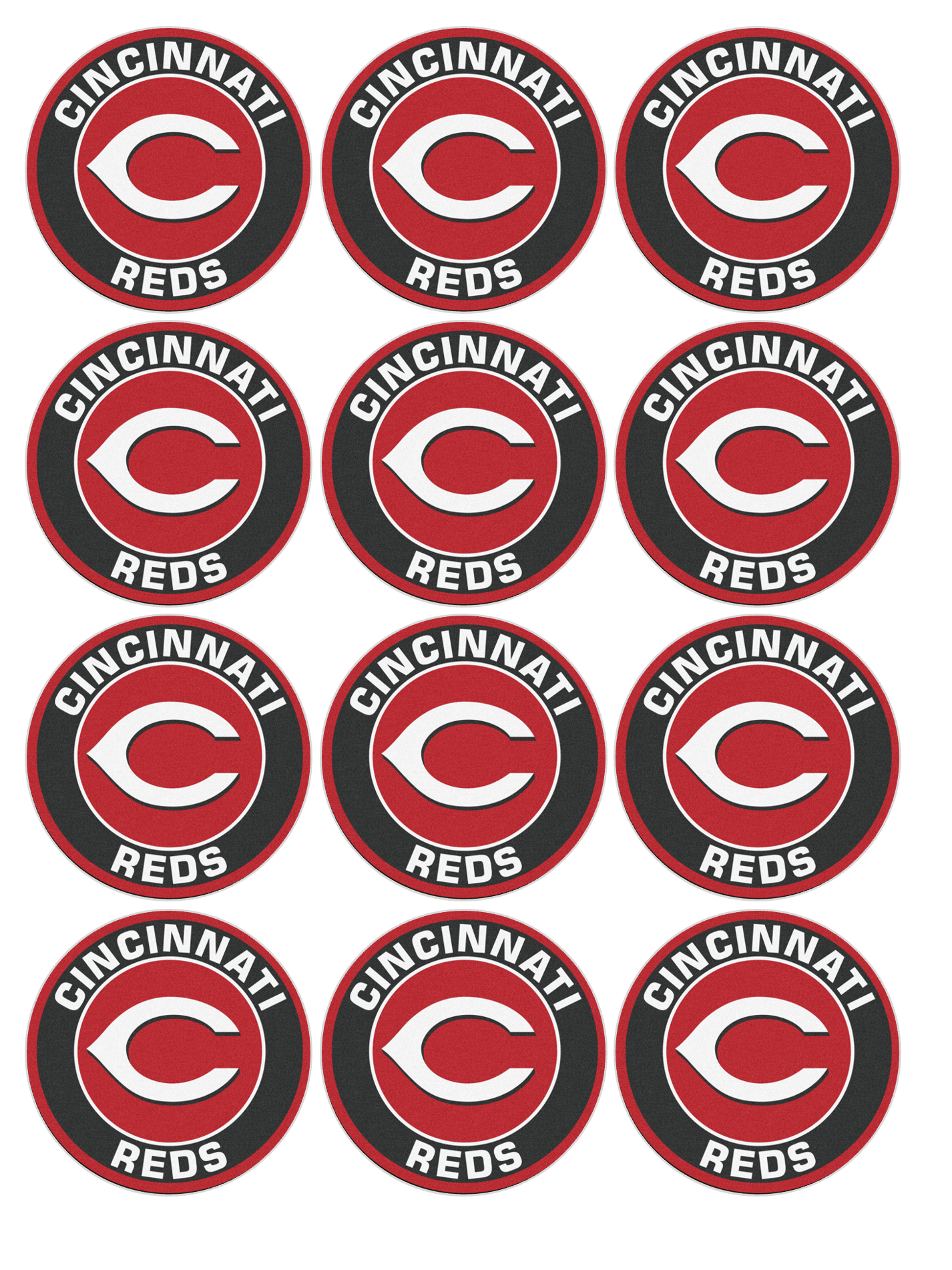 Set of 12 "Cincinnati Reds" pre cut edible image discs for desserts, choose your size