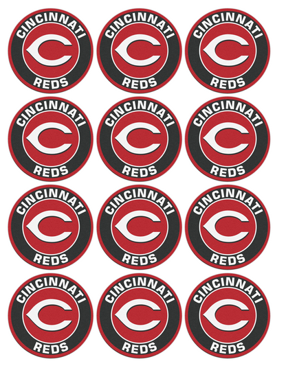 Set of 12 "Cincinnati Reds" pre cut edible image discs for desserts, choose your size