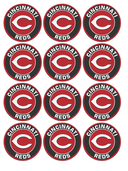 Set of 12 "Cincinnati Reds" pre cut edible image discs for desserts, choose your size