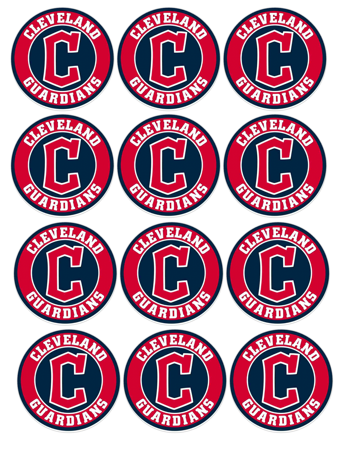 Set of 12 "Cleveland Guardians" pre cut edible image discs for desserts, choose your size
