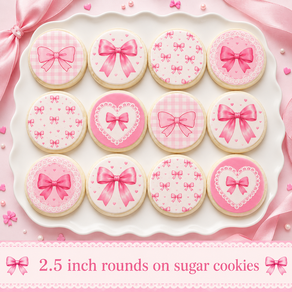 Set of 12 Pink Coquette Bows edible images rounds for desserts, pre cut, many sizes available