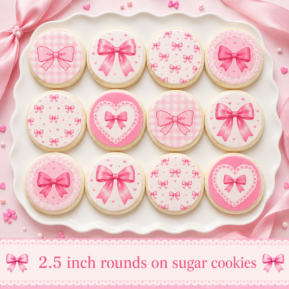 Set of 12 Pink Coquette Bows edible images rounds for desserts, pre cut, many sizes available